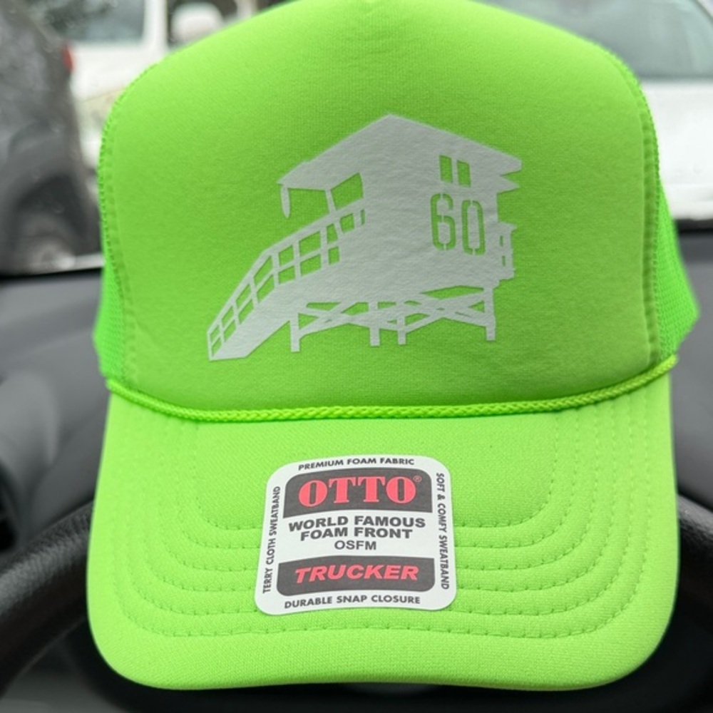 Unisex OTTO Neon Green Trucker Hat with White Lifeguard Tower Graphic